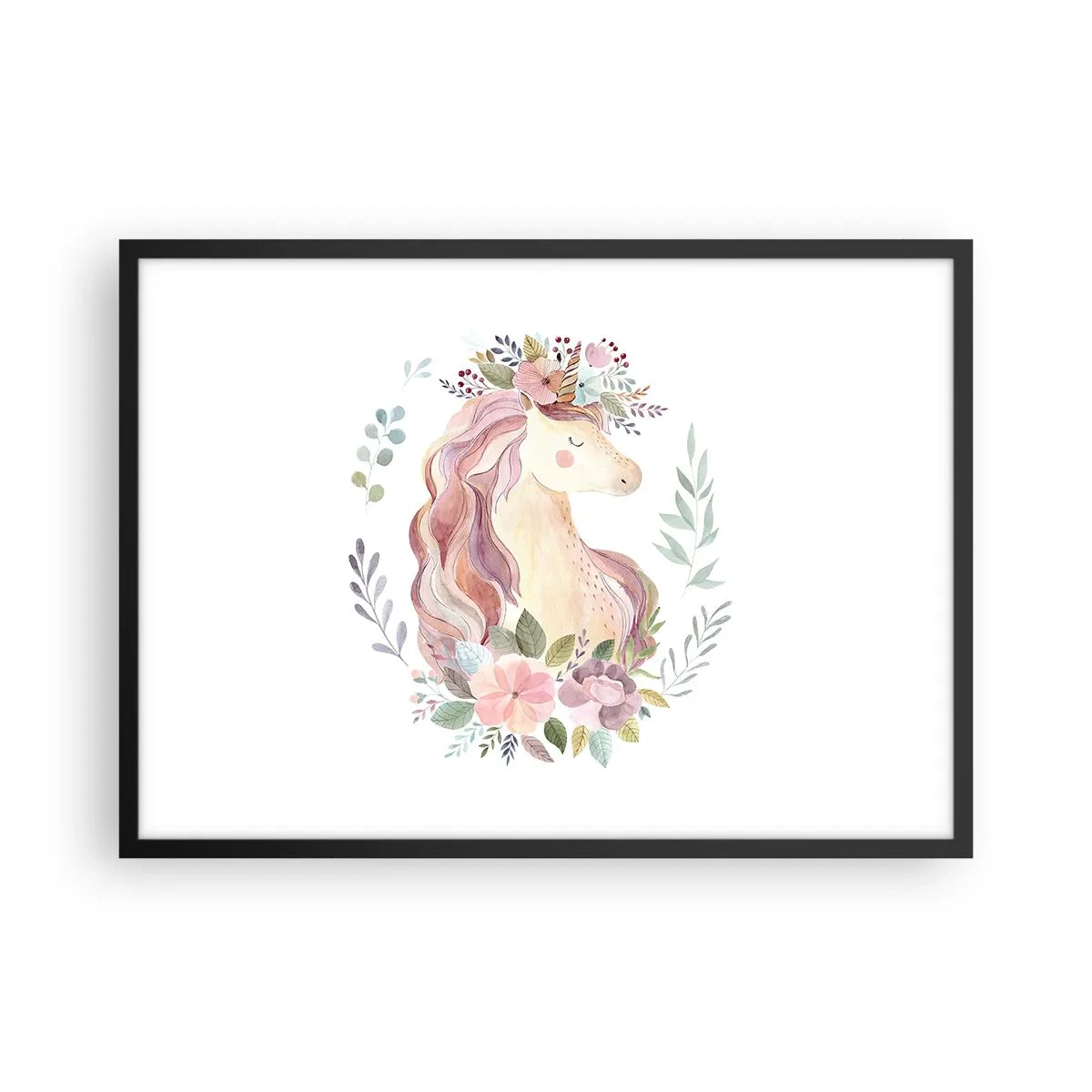 Poster in einem schwarzem Rahmen - Ein Einhorn in Pastellfarben, umgeben von Blumen - 70x50cm - Eine Einladung in die Welt der Märchen - Moderne Wanddekoration für Wohnzimmer und Schlafzimmer ARTTOR