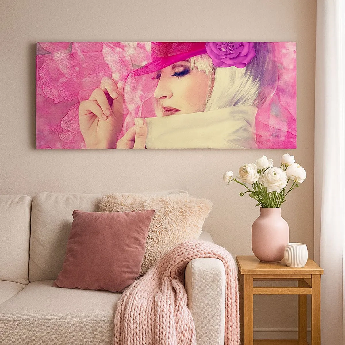 Bild auf Leinwand - Leinwandbild - Retro-Porträt in einem rosa Nebel - 100x40 cm