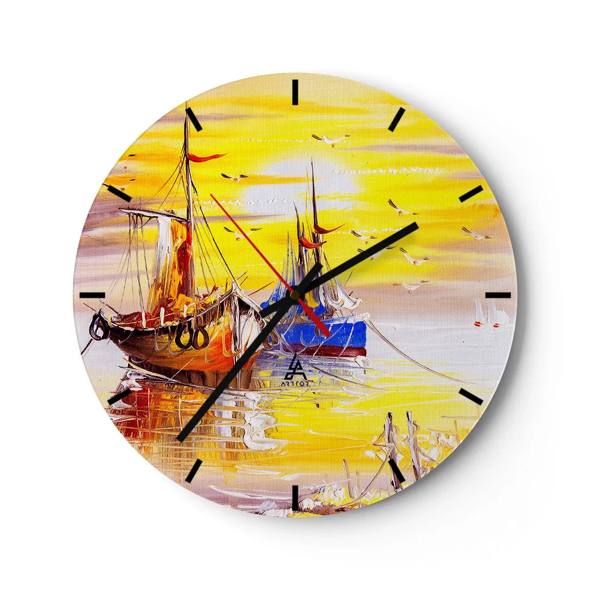 Wanduhr - Glasuhr - Malerische Segelboote bei Sonnenuntergang - 30x30cm - Eine wohlverdiente Pause im Hafen - Moderne Wanddekoration für Wohnzimmer, Küche und Schlafzimmer ARTTOR