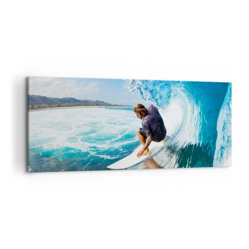 Bild auf Leinwand - Leinwandbild - Ein Surfer in dynamischer Pose auf einer Welle im türkisfarbenen Wasser. - 120x50cm - Tanzen mit den Wellen - Moderne Wanddekoration für Wohnzimmer und Schlafzimmer ARTTOR