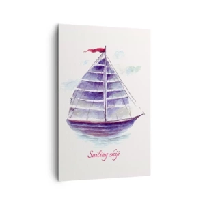 Bild auf Leinwand - Leinwandbild - Ein Aquarell eines Segelboots auf dem Wasser mit einer zarten Inschrift - 80x120cm - Volle Segel und ruhiges Wasser - Moderne Wanddekoration für Wohnzimmer und Schlafzimmer ARTTOR