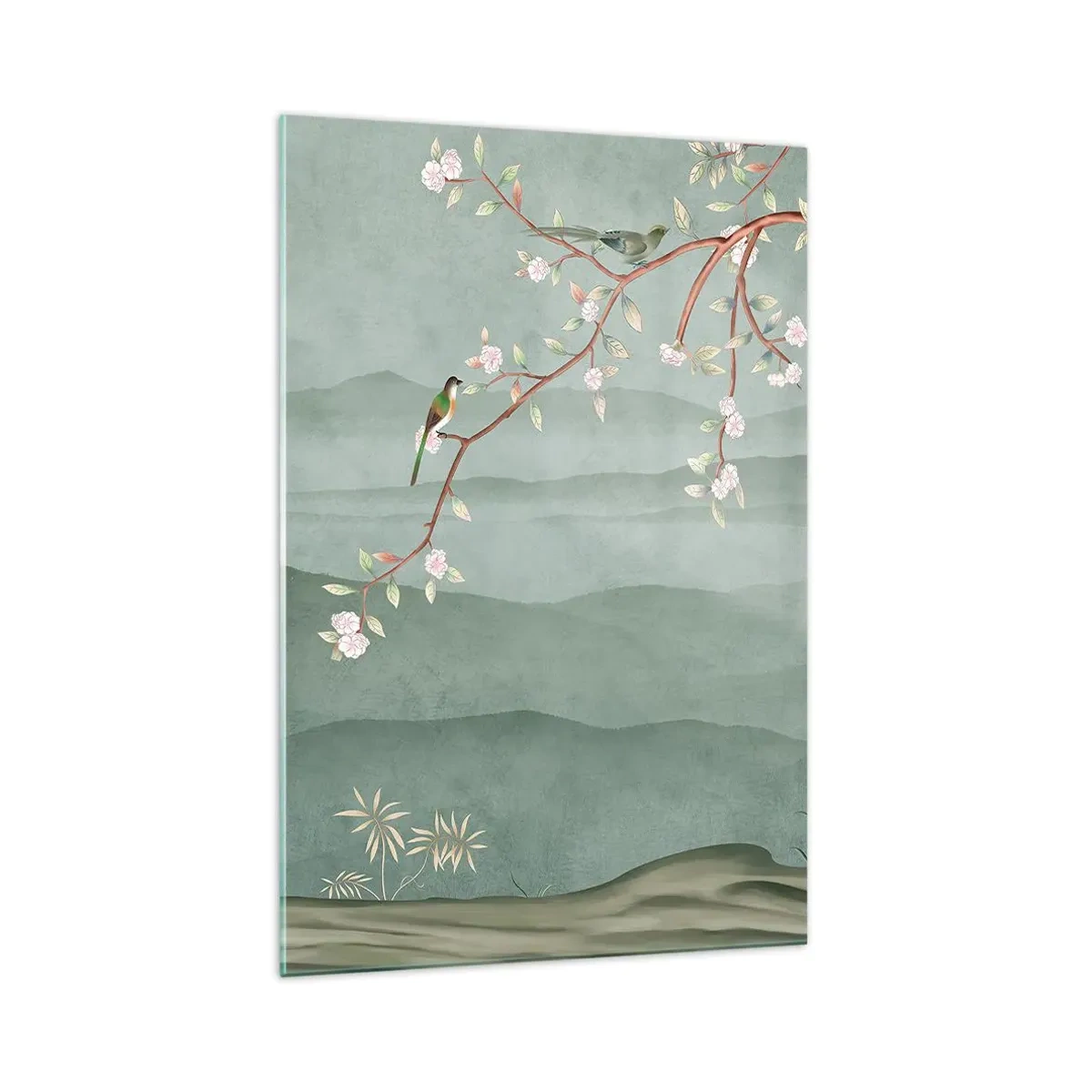 Glasbild - Bild auf glas - Ein malerisches Bild eines blühenden Baumzweigs mit Vögeln vor dem Hintergrund grüner Hügel. - 70x100cm - Frühling, oh, du bist es - Moderne Wanddekoration für Wohnzimmer und Schlafzimmer ARTTOR