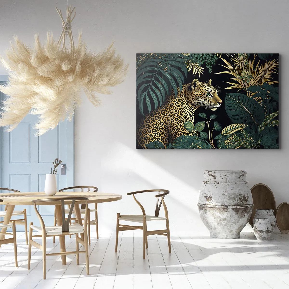 Bild auf Leinwand - Leinwandbild - Leopard in tropischen Blättern auf schwarzem Hintergrund - 100x70cm - Gastgeber im Dschungel - Moderne Wanddekoration für Wohnzimmer und Schlafzimmer ARTTOR
