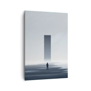 Bild auf Leinwand - Leinwandbild - Eine minimalistische Landschaft mit einer Silhouette neben einem rechteckigen Monolithen - 70x100cm - Chance oder Bedrohung? - Moderne Wanddekoration für Wohnzimmer und Schlafzimmer ARTTOR