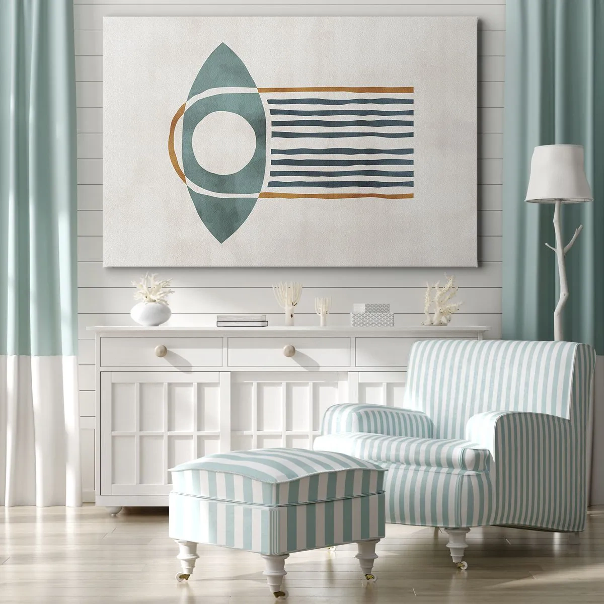 Bild auf Leinwand - Leinwandbild - Geometrisches Muster in Grün- und Orangetönen - 70x50cm - Zeichen und Rituale - Moderne Wanddekoration für Wohnzimmer und Schlafzimmer ARTTOR