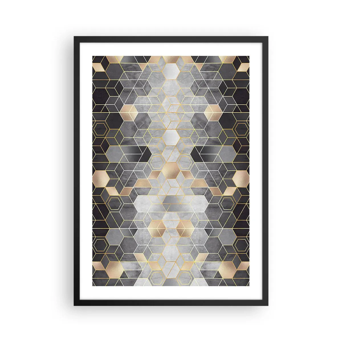 Poster in einem schwarzem Rahmen - Geometrisches Sechseckmuster in Gold- und Grautönen - 50x70cm - Diamant-Komposition - Moderne Wanddekoration für Wohnzimmer und Schlafzimmer ARTTOR