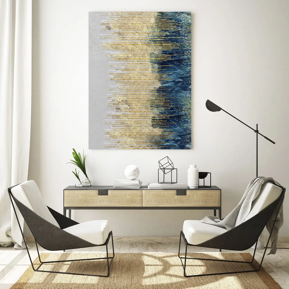 Glasbild - Bild auf glas - Goldene Linien vor einem Hintergrund aus marineblauer und grauer Abstraktion - 80x120cm - Vergoldete Grenze - Moderne Wanddekoration für Wohnzimmer und Schlafzimmer ARTTOR