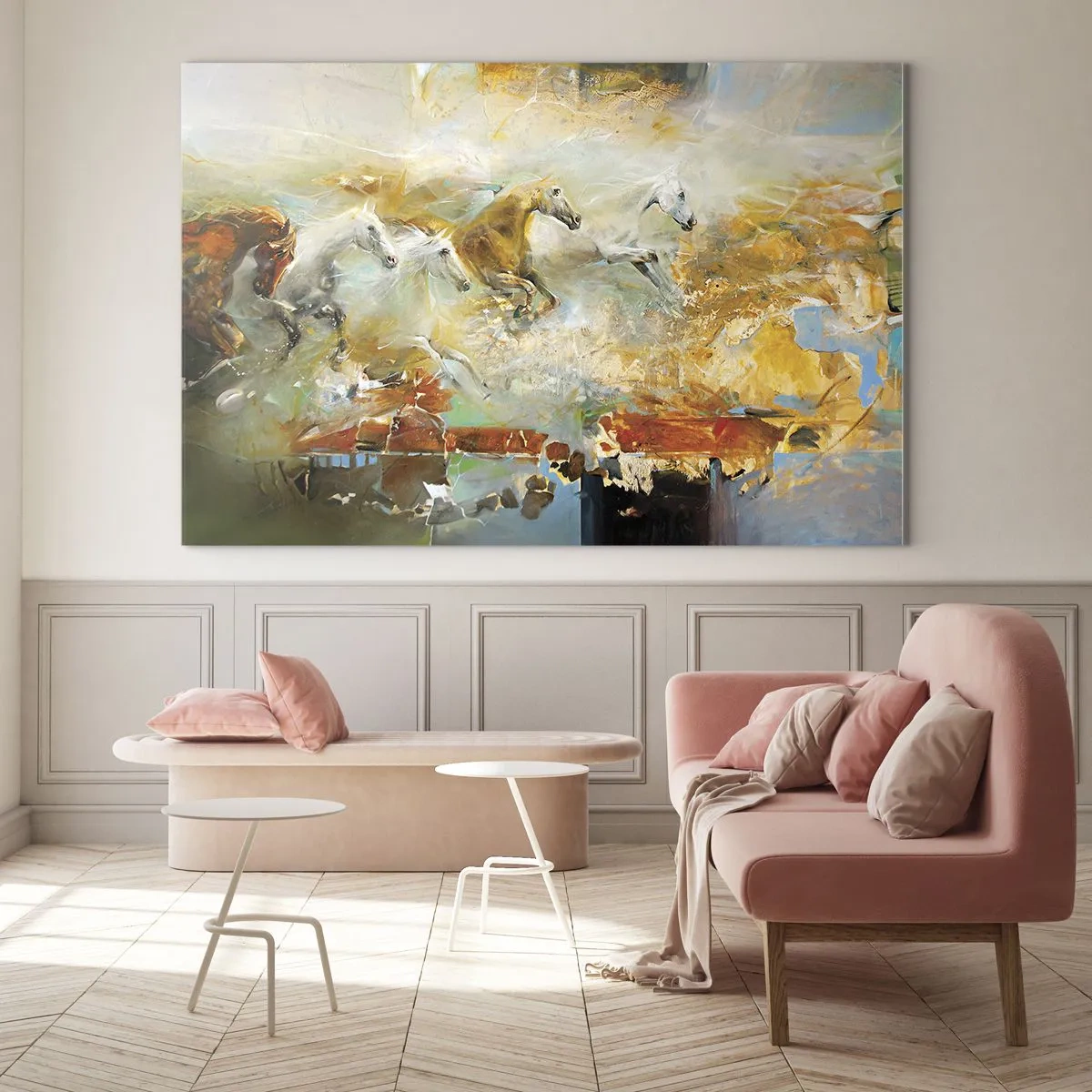 Glasbild - Bild auf glas - Abstrakte Pferde in dynamischer Bewegung - 120x80cm - Im Galopp durch das Licht - Moderne Wanddekoration für Wohnzimmer und Schlafzimmer ARTTOR