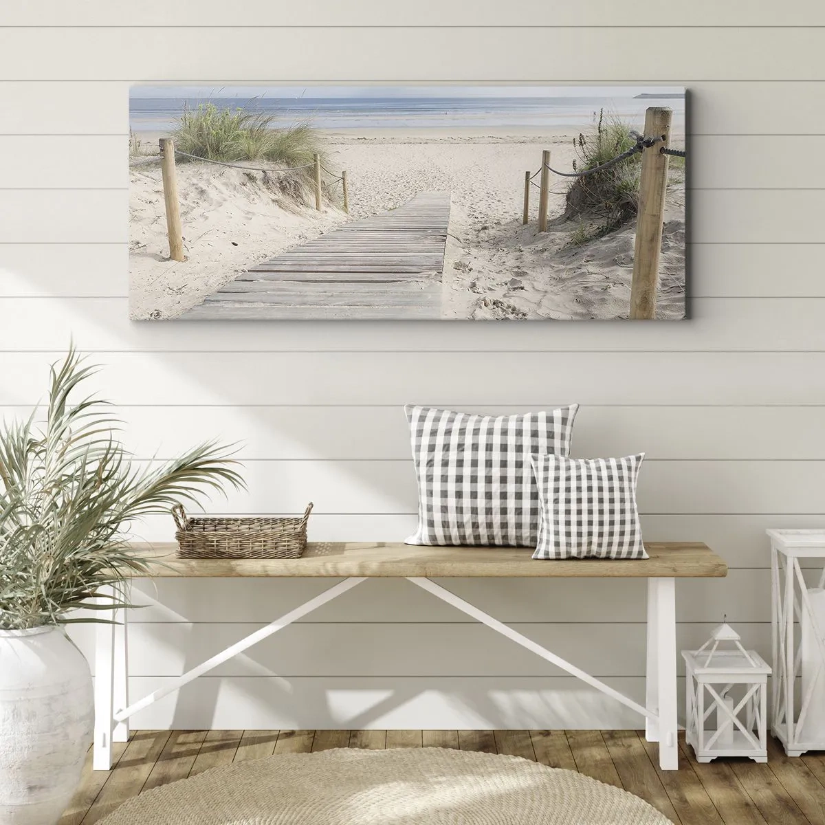 Bild auf Leinwand - Leinwandbild - Ein Plankenweg, der zu einem Sandstrand führt - 160x50cm - Bis zum Horizont - Moderne Wanddekoration für Wohnzimmer und Schlafzimmer ARTTOR