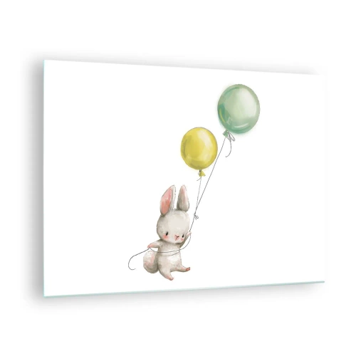 Glasbild - Bild auf glas - Ein Hase hält zwei Luftballons - 70x50cm - Ich werde auch fliegen! - Moderne Wanddekoration für Wohnzimmer und Schlafzimmer ARTTOR