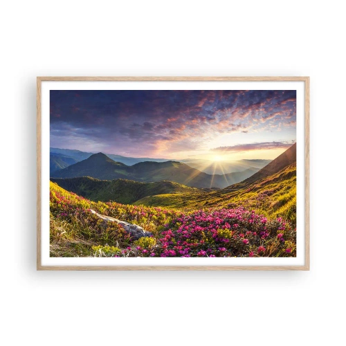 Poster in einem Rahmen aus heller Eiche - Frische am Bergmorgen - 100x70 cm