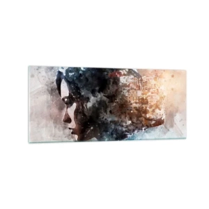 Glasbild - Bild auf glas - Porträt einer Frau, die ihr Gesicht mit einer Stadtlandschaft im Hintergrund kombiniert - 120x50cm - Eine Geschichte über ein Mädchen mit einer Stadt im Hintergrund - Moderne Wanddekoration für Wohnzimmer und Schlafzimmer ARTTOR