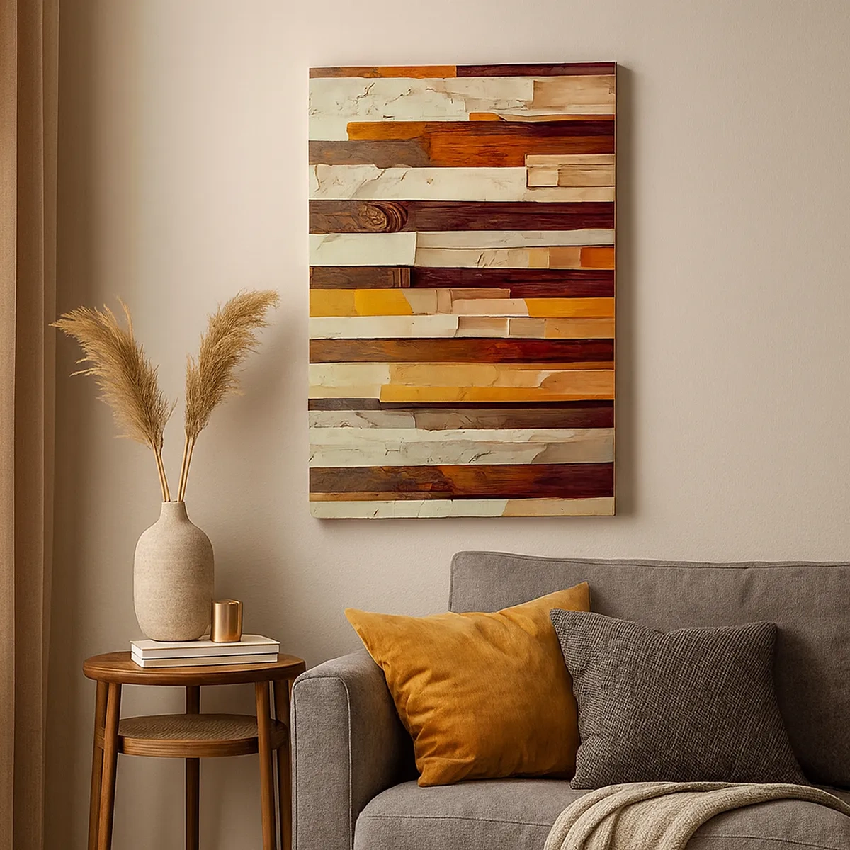 Bild auf Leinwand - Leinwandbild - Geometrische Komposition in Holz- und Goldtönen - 50x70cm - Hymne der Waldbäume - Moderne Wanddekoration für Wohnzimmer und Schlafzimmer ARTTOR