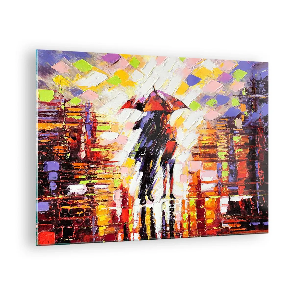 Glasbild - Bild auf glas - Ein Paar unter einem roten Regenschirm in einer bunten Stadt - 70x50cm - Gemeinsam durch die Nacht und den Regen - Moderne Wanddekoration für Wohnzimmer und Schlafzimmer ARTTOR