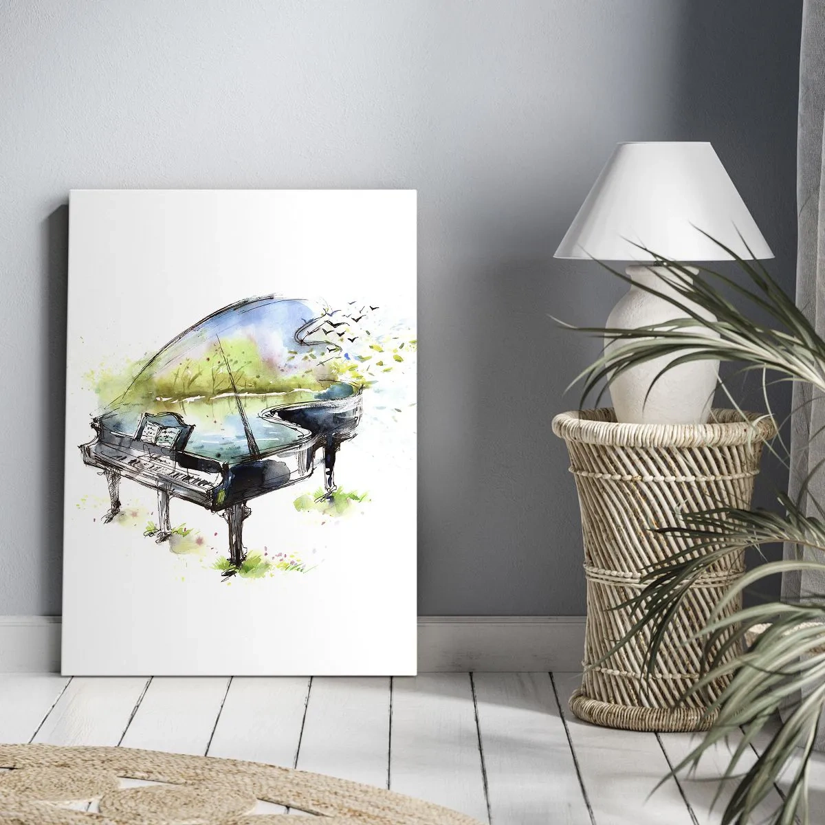 Bild auf Leinwand - Leinwandbild - Künstlerische Aquarellmalerei eines Klaviers mit der Natur im Hintergrund - 50x70cm - Von Musik verzaubert - Moderne Wanddekoration für Wohnzimmer und Schlafzimmer ARTTOR
