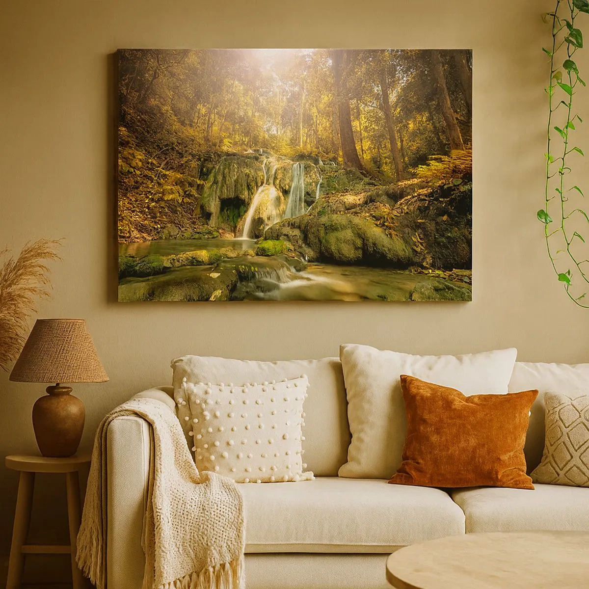 Bild auf Leinwand - Leinwandbild - Ein Waldwasserfall in den Sonnenstrahlen, umgeben von Grün - 70x50cm - Waldkaskade im Grünen - Moderne Wanddekoration für Wohnzimmer und Schlafzimmer ARTTOR