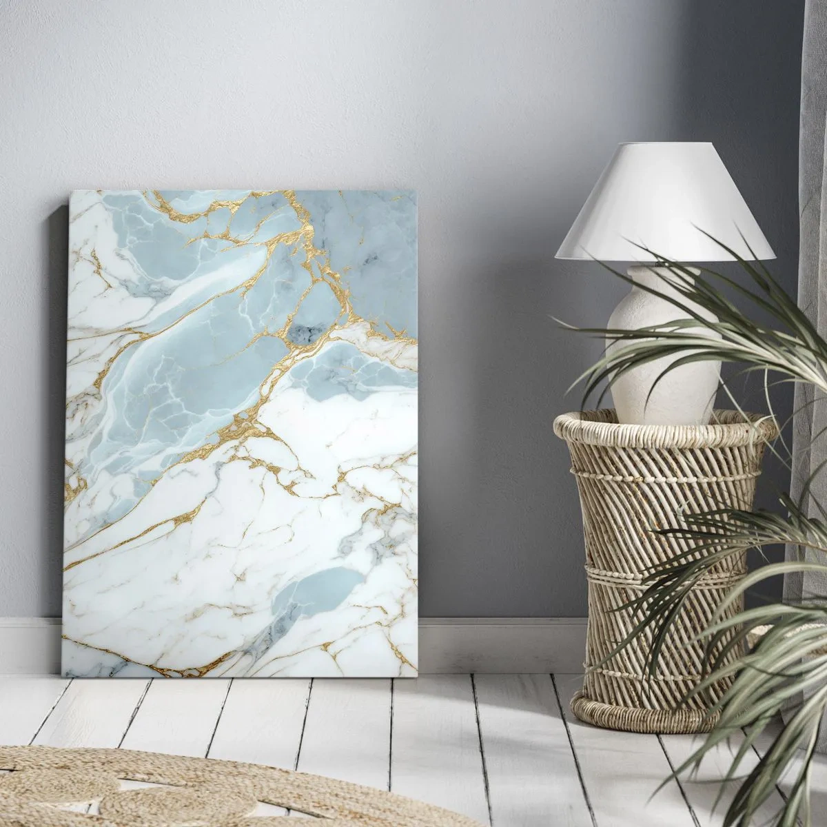 Bild auf Leinwand - Leinwandbild - Blaue und weiße Marmormuster mit zusätzlichen goldenen Adern - 50x70cm - Reichtum des Steins - Moderne Wanddekoration für Wohnzimmer und Schlafzimmer ARTTOR
