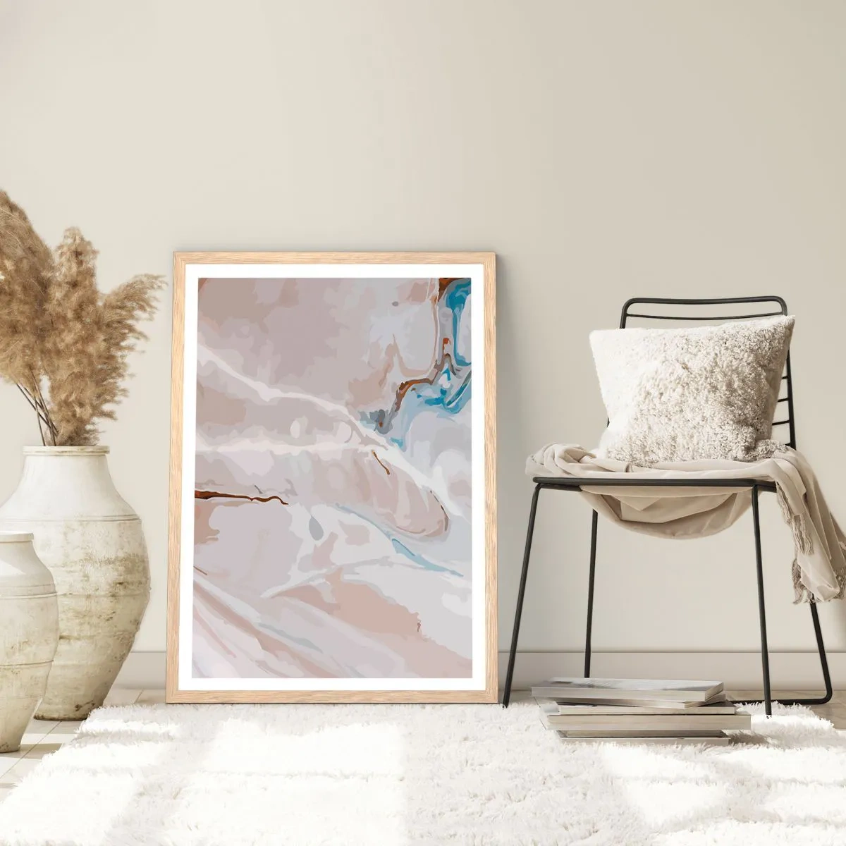Poster in einem Rahmen aus heller Eiche - Blau schlängelt sich unter dem Weiß - 70x100 cm