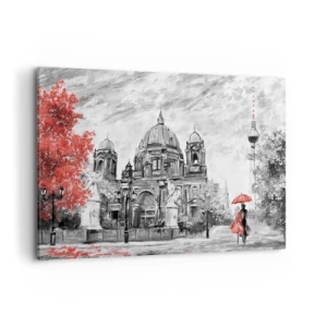Bild auf Leinwand - Leinwandbild - Schwarz-Weiß-Szene mit Berlin, einem roten Regenschirm und einem Baum - 120x80cm - Berliner Treffen - Moderne Wanddekoration für Wohnzimmer und Schlafzimmer ARTTOR