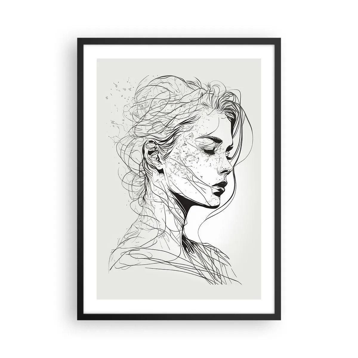 Poster in einem schwarzem Rahmen - Eine Skizze einer Frau mit wallendem Haar, erstellt im minimalistischen Stil. - 50x70cm - Porträt im Gedanken - Moderne Wanddekoration für Wohnzimmer und Schlafzimmer ARTTOR