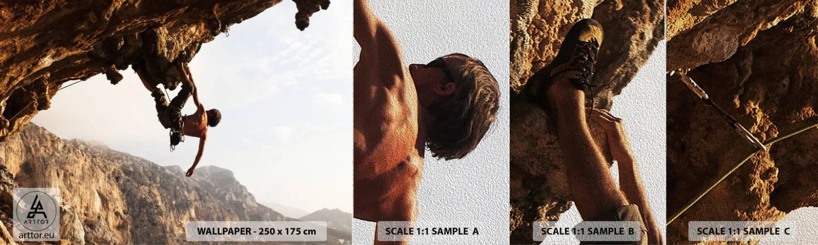 Fototapeten Muster Premium Sand - Die Welt ist in einer Hand auf einem Felsblock geschrumpft - Insel Kalymnos, Klettern, Landschaft - 100x30 cm