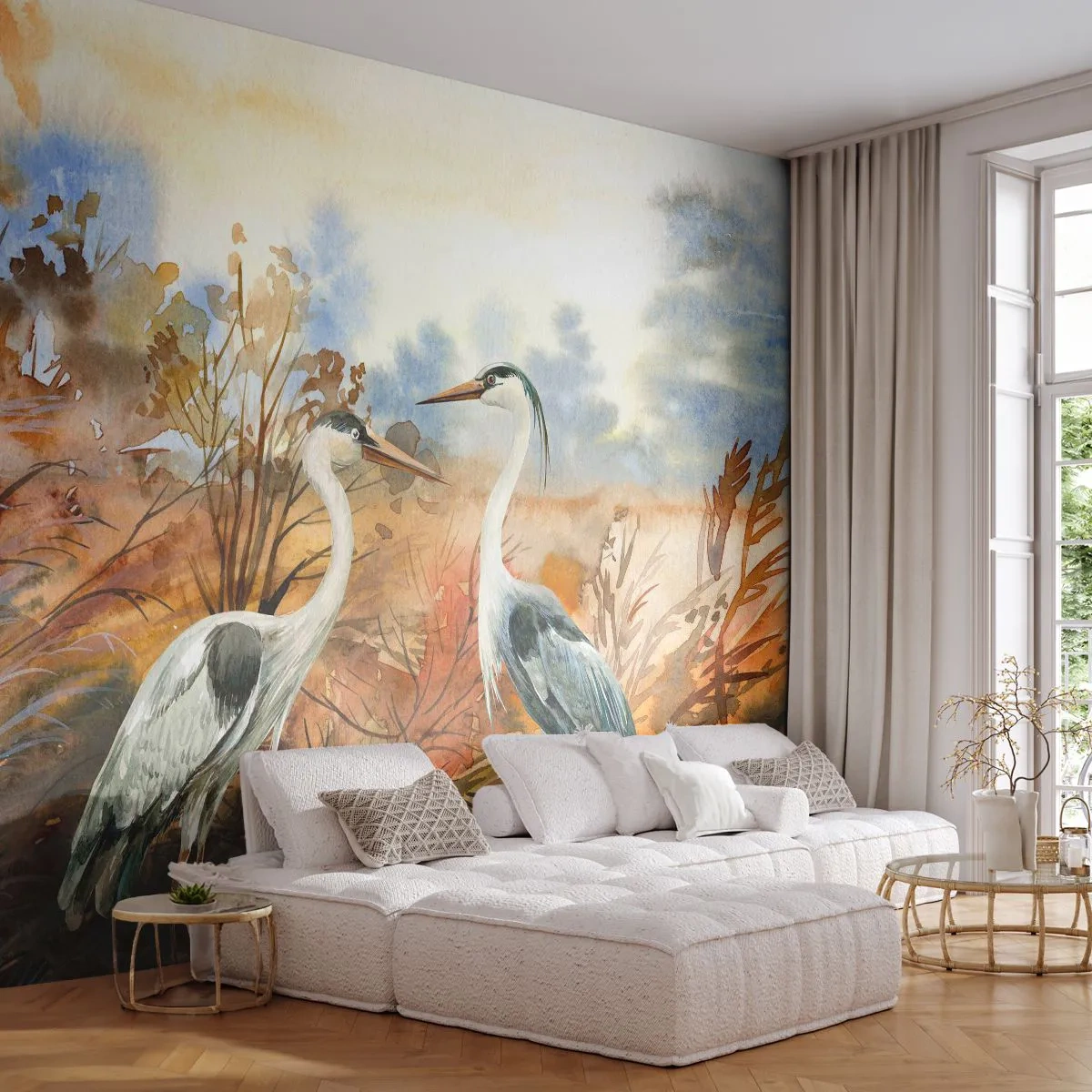 Selbstklebende Fototapete Deluxe Sticker - Wohin im Herbst? - Kran, Vögel, Natur - 250x175 cm