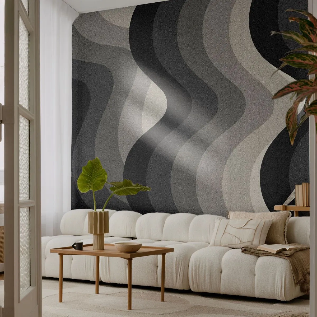 Fototapete Premium Sand - Wellenförmige Streifen in Grautönen erzeugen einen geometrischen Rhythmus - 100x70cm - Eine Welle nach der anderen - Moderne Wanddekoration für Wohnzimmer und Schlafzimmer ARTTOR