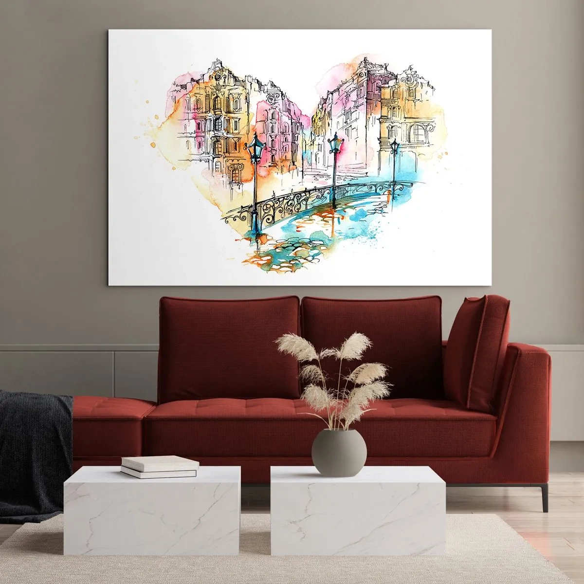 Glasbild - Bild auf glas - Romantische Mietshäuser mit herzförmiger Brücke, Aquarell - 120x80cm - Das Herz der Stadt - Moderne Wanddekoration für Wohnzimmer und Schlafzimmer ARTTOR