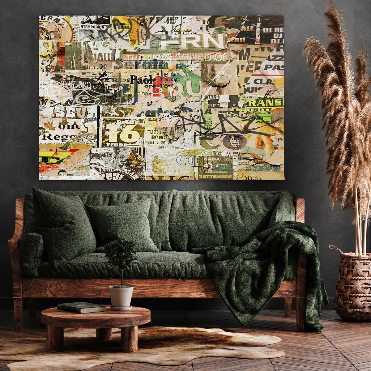 Bild auf Leinwand - Leinwandbild - Eine Collage aus Zeitungs- und Plakatfragmenten im künstlerischen Stil. - 70x50cm - Ach, es passiert... - Moderne Wanddekoration für Wohnzimmer und Schlafzimmer ARTTOR