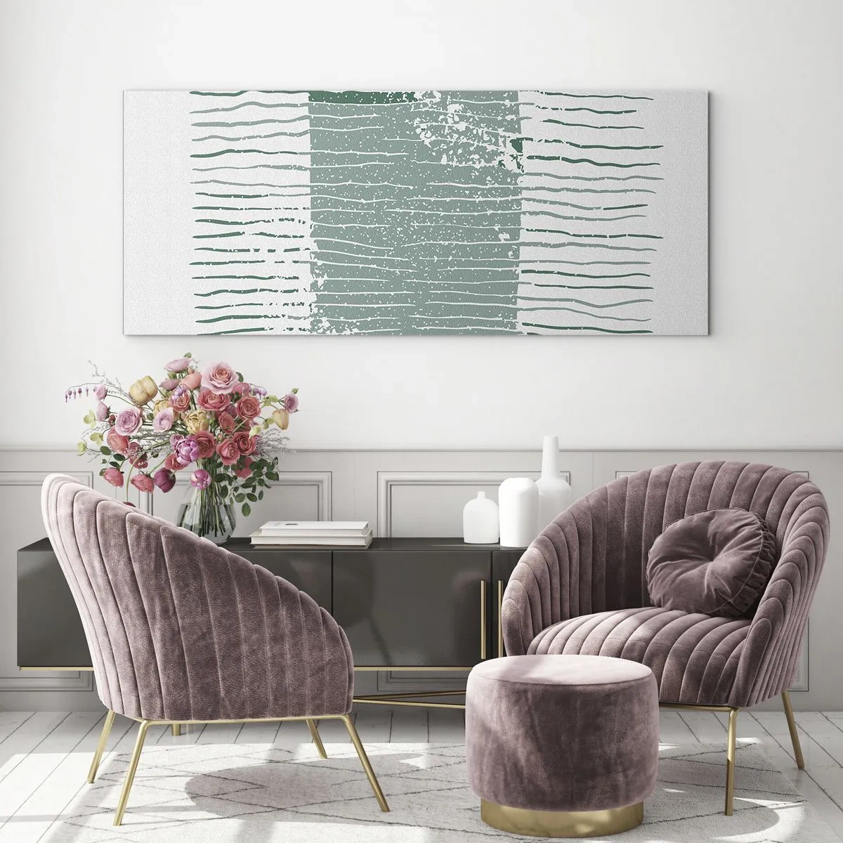 Glasbild - Bild auf glas - Geometrisches Muster in Meeresgrün- und Weißtönen - 140x50cm - Marine Abstraktion - Moderne Wanddekoration für Wohnzimmer und Schlafzimmer ARTTOR