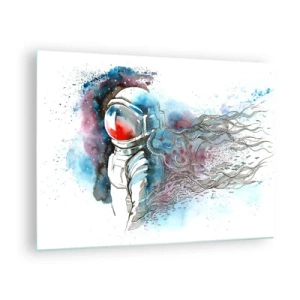 Glasbild - Bild auf glas - Astronaut in einer dynamischen Aquarell-Weltraumkulisse - 70x50cm - Allein mit Platz - Moderne Wanddekoration für Wohnzimmer und Schlafzimmer ARTTOR