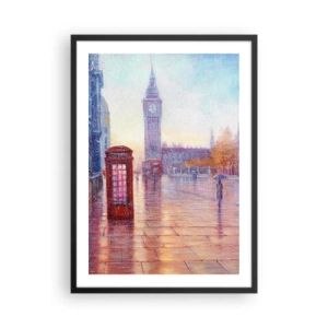 Poster in einem schwarzem Rahmen - Big Ben und die rote Telefonzelle an einem regnerischen Tag - 50x70cm - Londoner Herbsttag - Moderne Wanddekoration für Wohnzimmer und Schlafzimmer ARTTOR