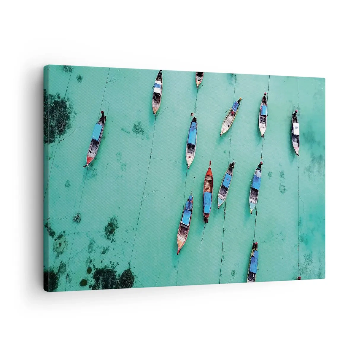Bild auf Leinwand - Leinwandbild - Boote auf türkisfarbenem Wasser aus der Vogelperspektive - 70x50cm - In freudiger Erwartung - Moderne Wanddekoration für Wohnzimmer und Schlafzimmer ARTTOR