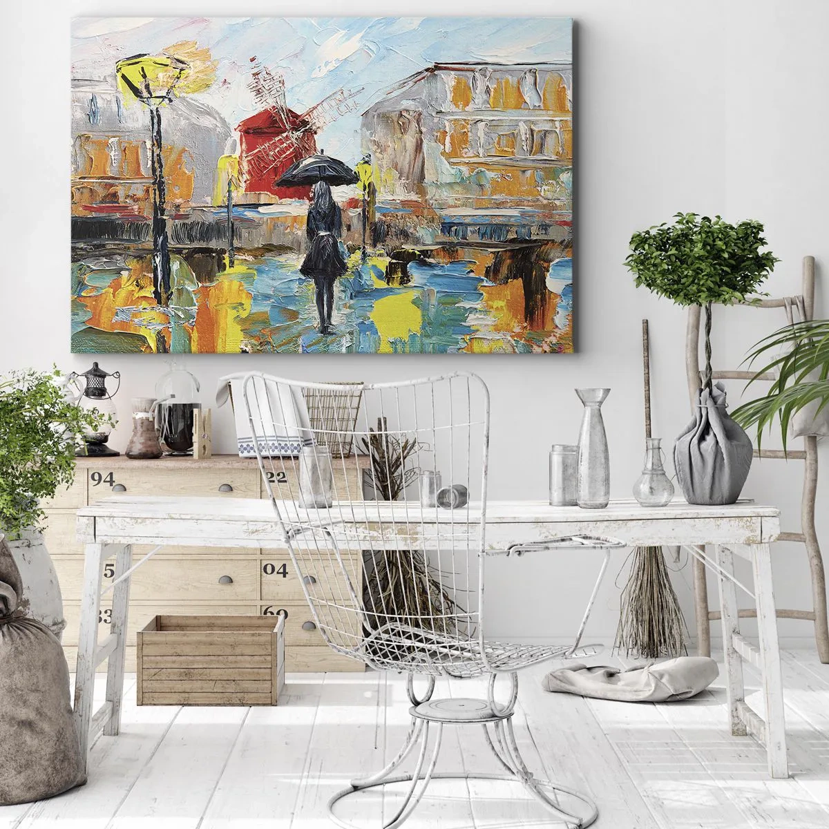 Bild auf Leinwand - Leinwandbild - Eine malerische Szene mit einem Regenschirm vor der Kulisse von Paris in leuchtenden Farben. - 70x50cm - Pariser Legenden - Moderne Wanddekoration für Wohnzimmer und Schlafzimmer ARTTOR