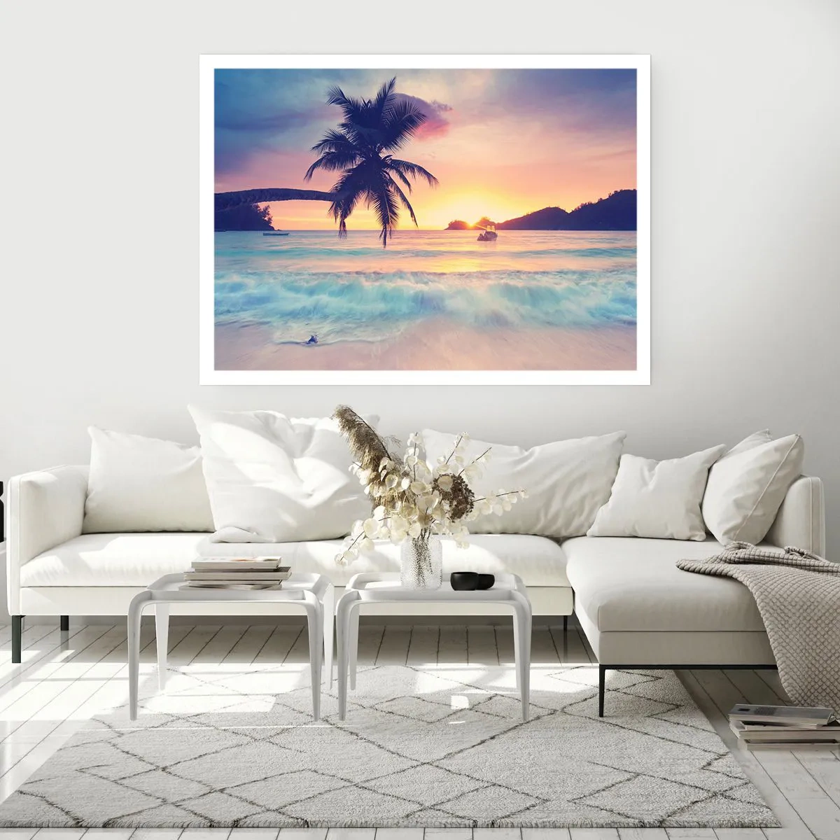 Poster - Strand mit Palmen und Sonnenuntergang über dem Meer - 100x70cm - Ein Abend in der Bucht - Moderne Wanddekoration für Wohnzimmer und Schlafzimmer ARTTOR