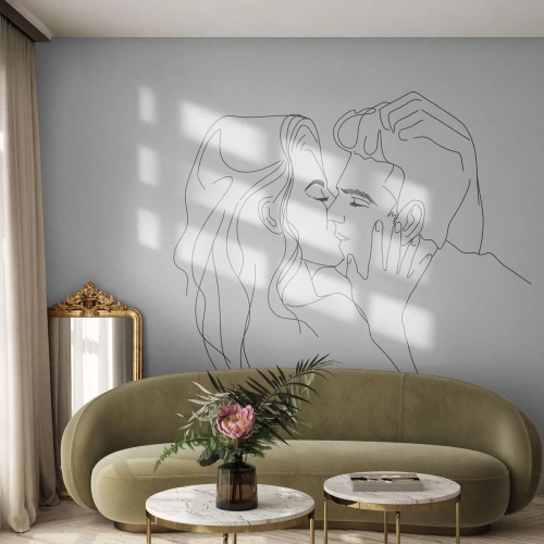Fototapete Premium Canvas - Dieselbe Linie - Grafik, Verliebtes Pärchen, Kuss - 200x140 cm