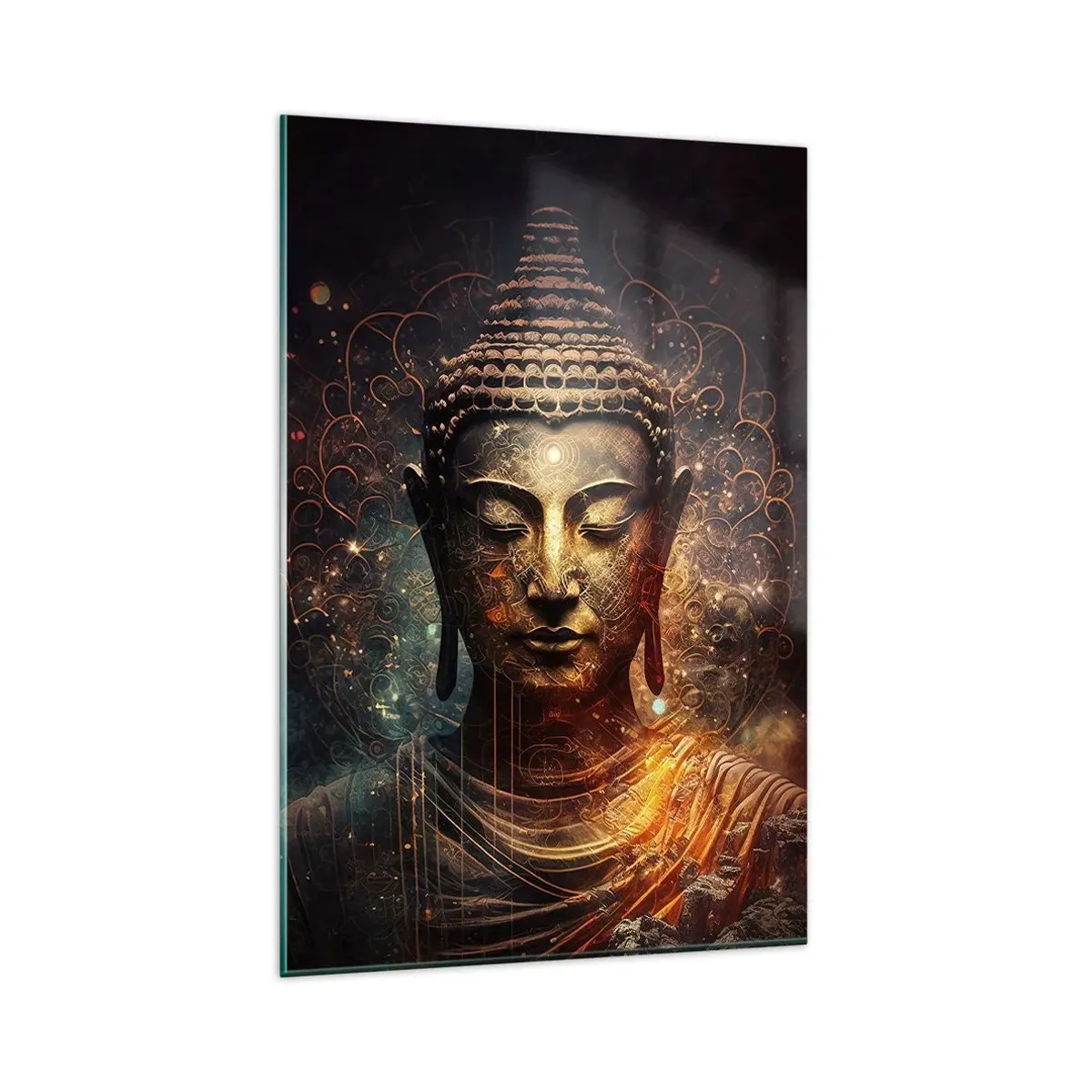 Glasbild - Bild auf glas - Goldener Buddha auf dunklem Hintergrund mit Ornamenten - 80x120cm - Spirituelles Gleichgewicht - Moderne Wanddekoration für Wohnzimmer und Schlafzimmer ARTTOR