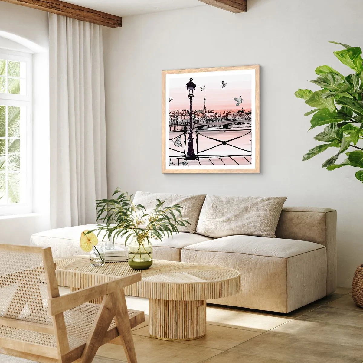Poster in einem Rahmen aus heller Eiche - Über den Dächern von Paris - 40x40 cm