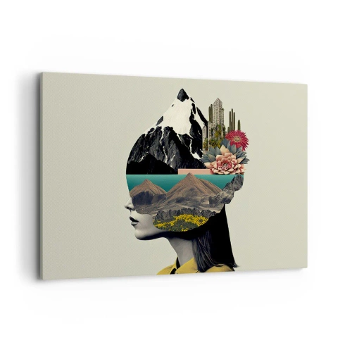 Bild auf Leinwand - Leinwandbild - Collage einer Frau mit Berglandschaft und Blumen - 100x70cm - Frau – bleibt immer ein Geheimnis - Moderne Wanddekoration für Wohnzimmer und Schlafzimmer ARTTOR