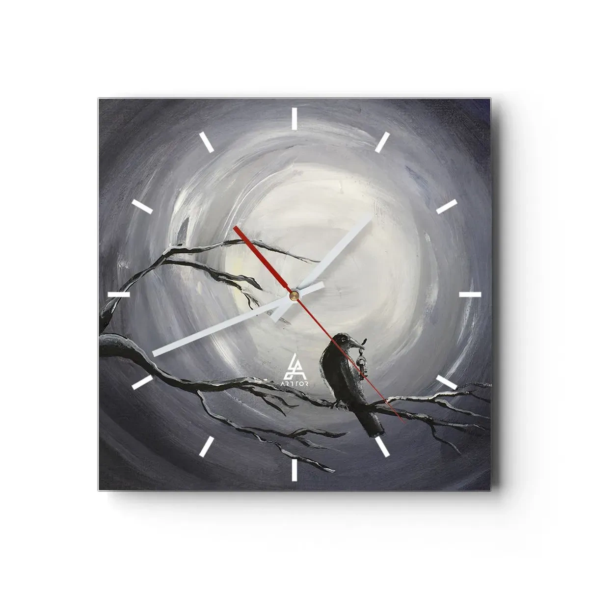 Wanduhr - Glasuhr - Schwarzer Vogel auf einem Ast im Mondlicht - 30x30cm - Der Schlüssel zum Geheimnis der Nacht - Moderne Wanddekoration für Wohnzimmer und Schlafzimmer ARTTOR