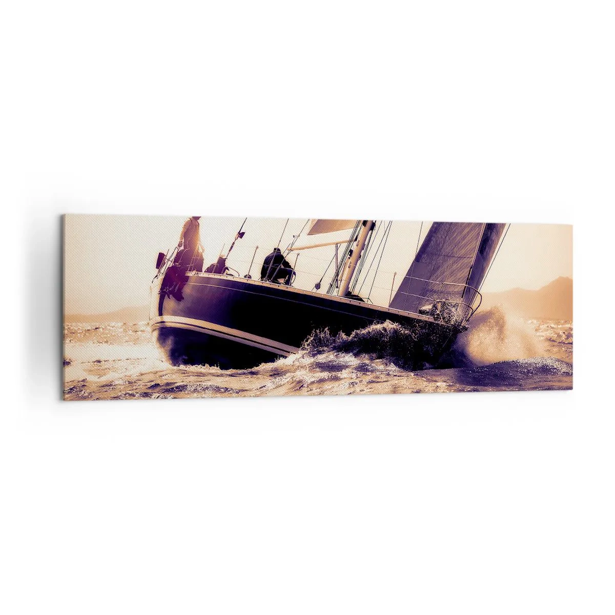 Bild auf Leinwand - Leinwandbild - Eine Yacht auf stürmischer See im Licht der untergehenden Sonne - 160x50cm - Segle, Seemann - Moderne Wanddekoration für Wohnzimmer und Schlafzimmer ARTTOR