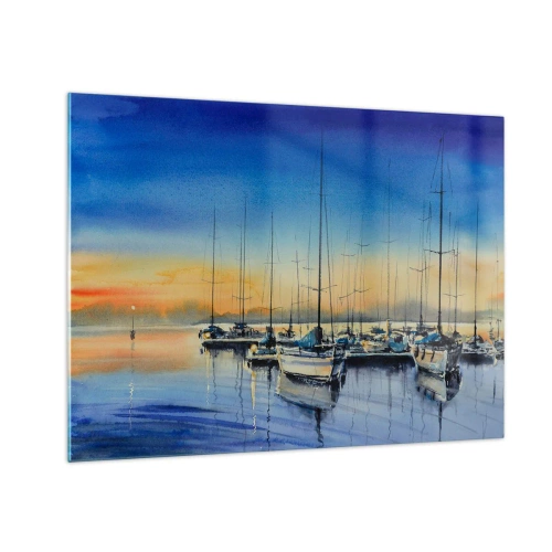 Glasbild - Bild auf glas - Segelboote im Hafen bei Sonnenuntergang - 70x50cm - Ende eines guten Tages - Moderne Wanddekoration für Wohnzimmer und Schlafzimmer ARTTOR