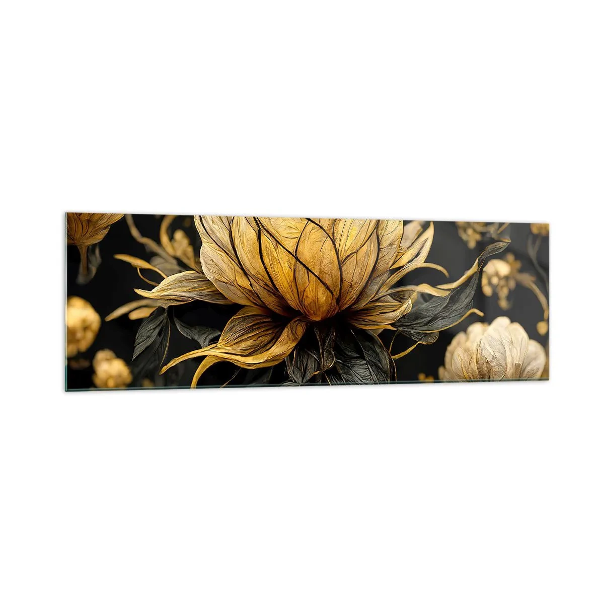 Glasbild - Bild auf glas - Goldene Blume auf dunklem Hintergrund - 160x50cm - Subtile Zerbrechlichkeit - Moderne Wanddekoration für Wohnzimmer und Schlafzimmer ARTTOR