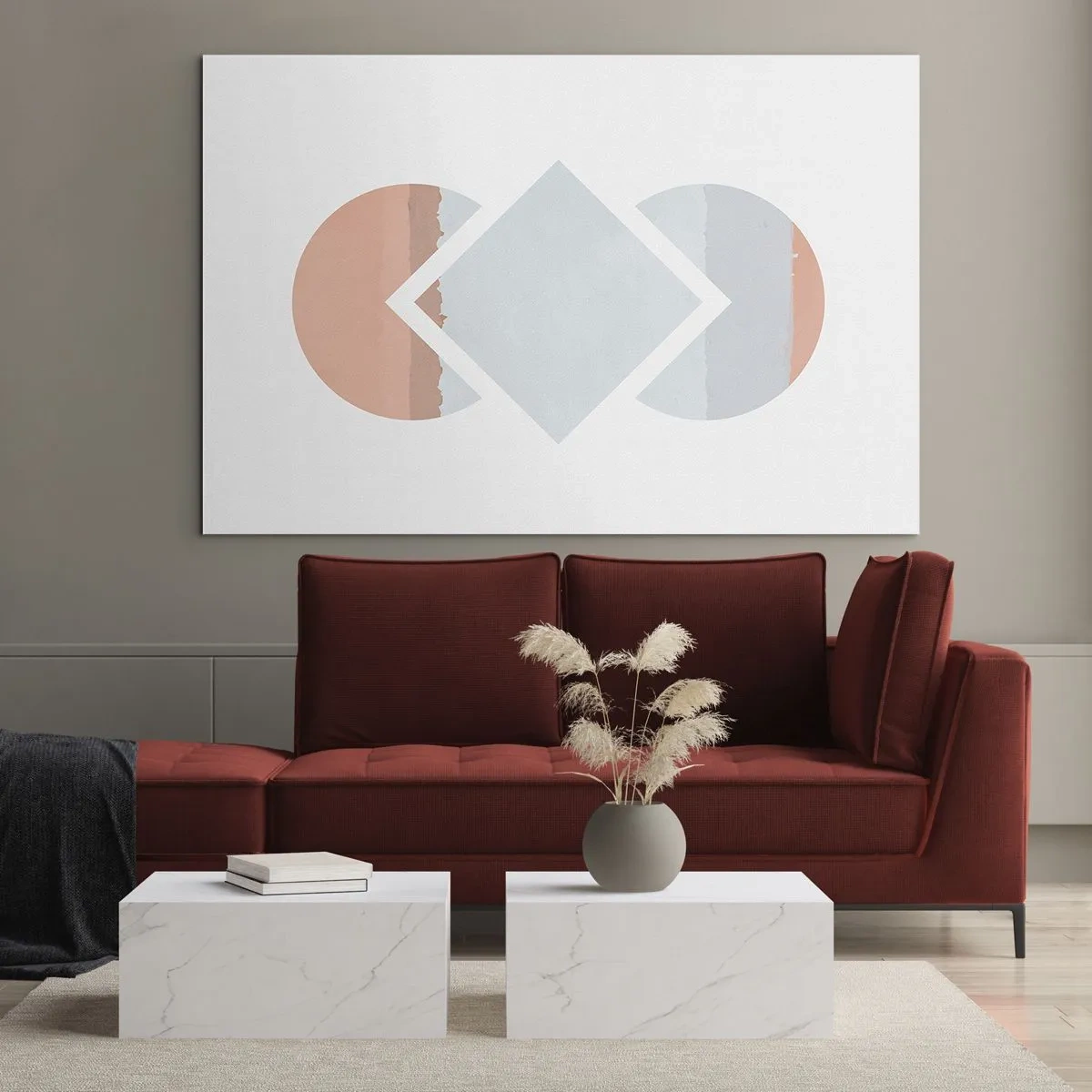 Glasbild - Bild auf glas - Eine pastellfarbene Raute in der Mitte zwischen den Halbkreisen auf weißem Hintergrund. - 70x50cm - Die Situation ist klar - Moderne Wanddekoration für Wohnzimmer und Schlafzimmer ARTTOR