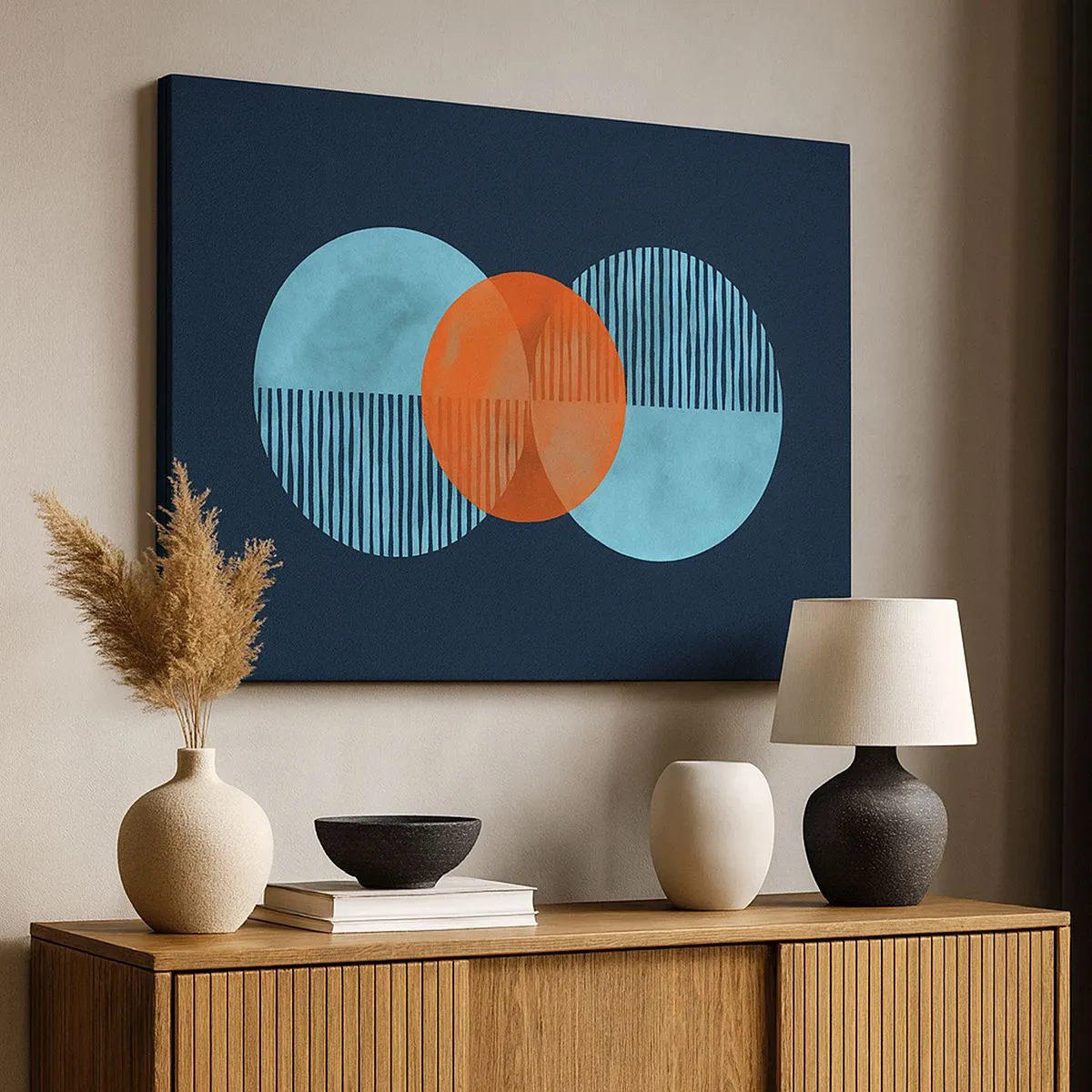 Bild auf Leinwand - Leinwandbild - Geometrische Kreise in Blau- und Orangetönen - 70x50cm - Symmetrische Komposition - Moderne Wanddekoration für Wohnzimmer und Schlafzimmer ARTTOR