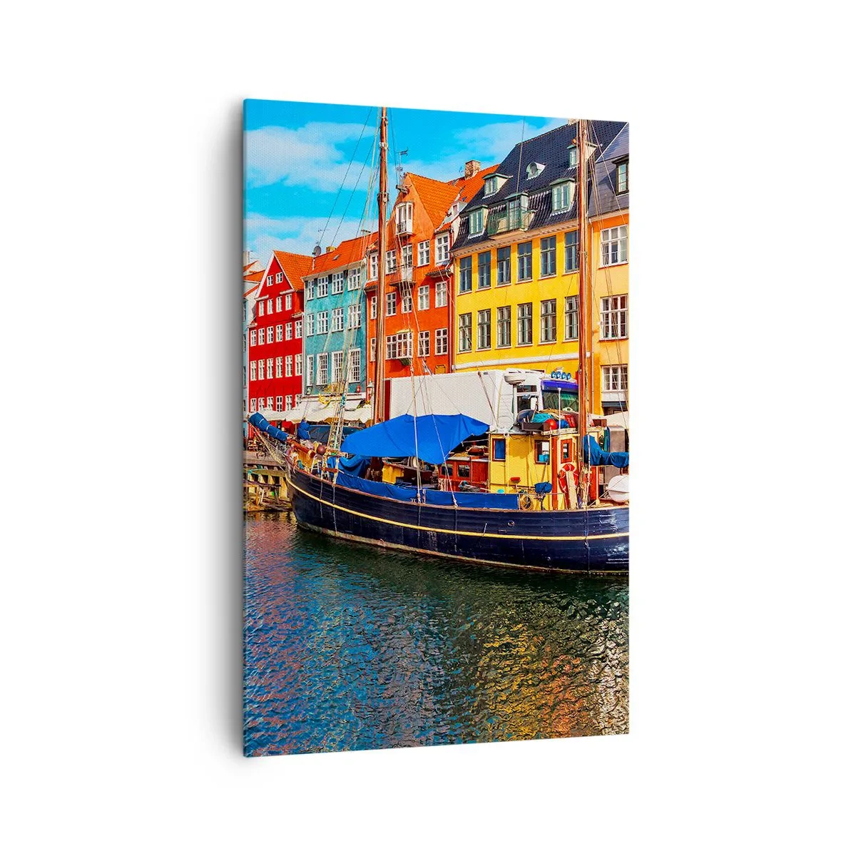 Bild auf Leinwand - Leinwandbild - Bunte Häuser am Kanal mit Booten in der Sonne - 80x120cm - Fröhlicher Kai - Moderne Wanddekoration für Wohnzimmer und Schlafzimmer ARTTOR