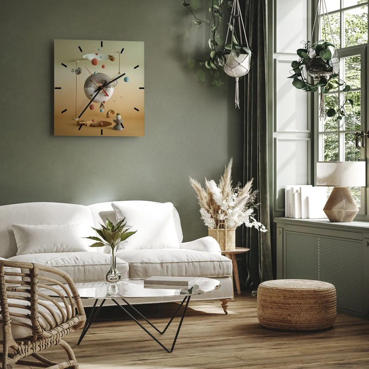 Wanduhr - Glasuhr - Geometrische Figuren in Pastellfarben in surrealistischer Anordnung - 30x30cm - Alles kann passieren - Moderne Wanddekoration für Wohnzimmer und Schlafzimmer ARTTOR