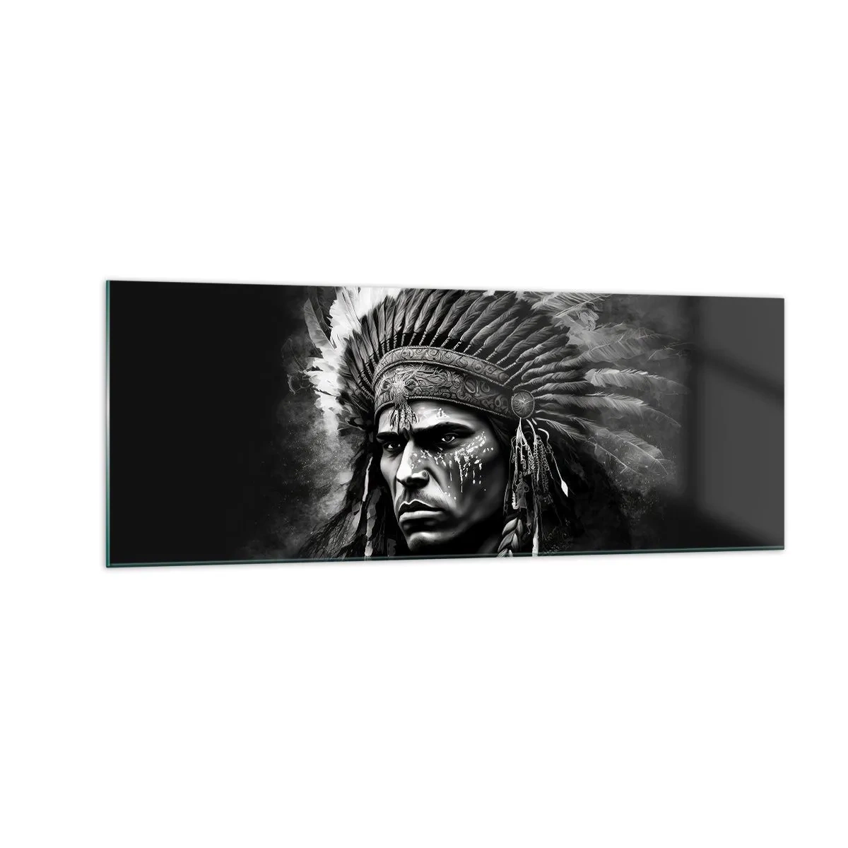 Glasbild - Bild auf glas - Porträt eines Häuptlings mit Federschmuck vor schwarzem Hintergrund - 140x50cm - Anführer und Krieger - Moderne Wanddekoration für Wohnzimmer und Schlafzimmer ARTTOR
