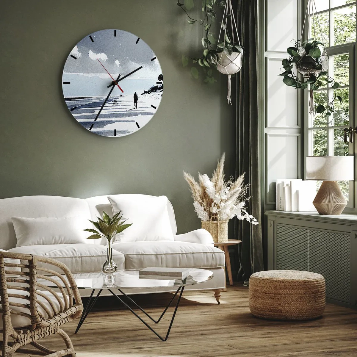 Wanduhr - Glasuhr - Silhouette einer Person, die allein am Strand in Grau- und Blautönen spazieren geht - 30x30cm - Allein sein - Moderne Wanddekoration für Wohnzimmer, Küche und Schlafzimmer ARTTOR
