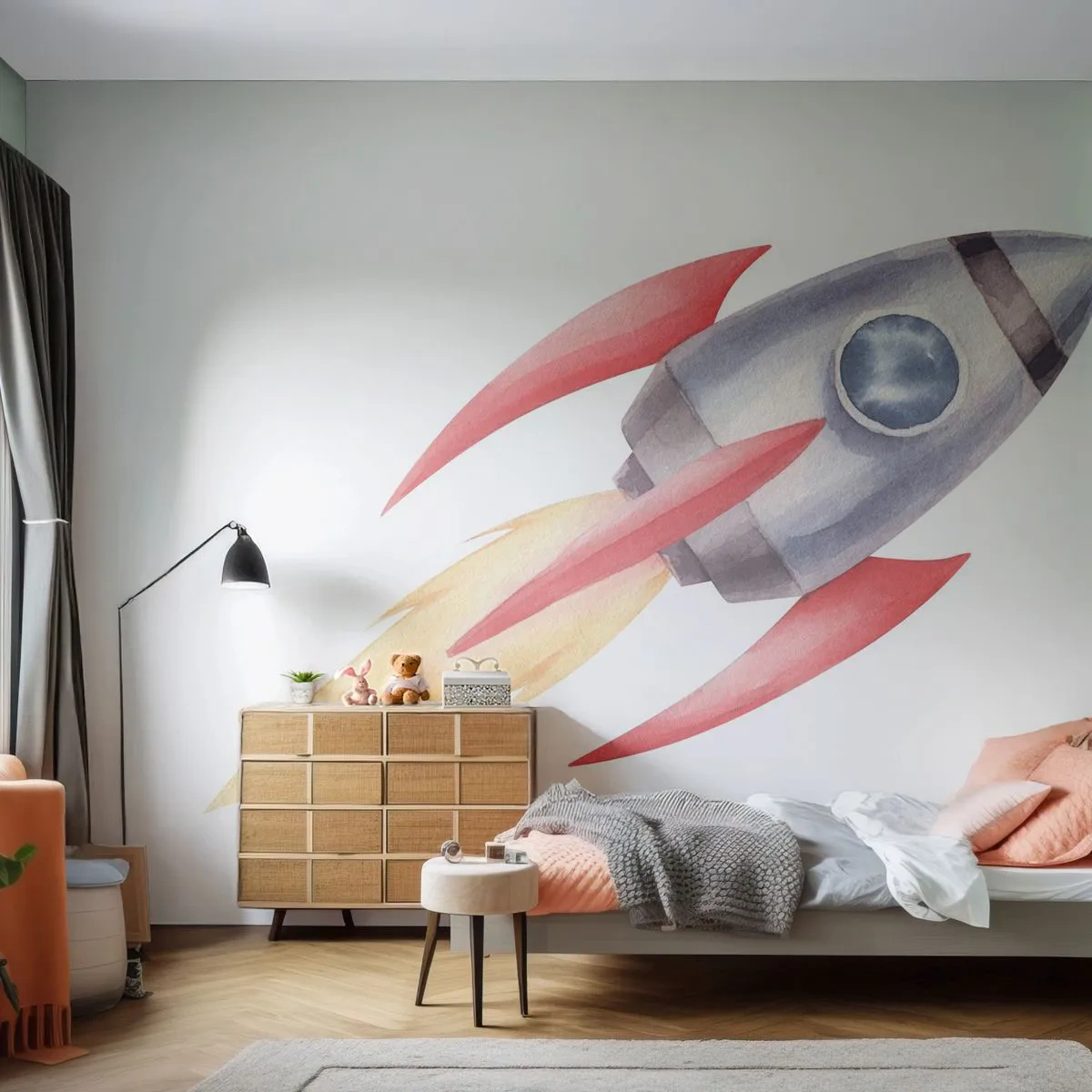 Fototapete Premium Sand - Höher, schneller, weiter - Eine Weltraumrakete, Kinder, Kosmos - 100x70 cm